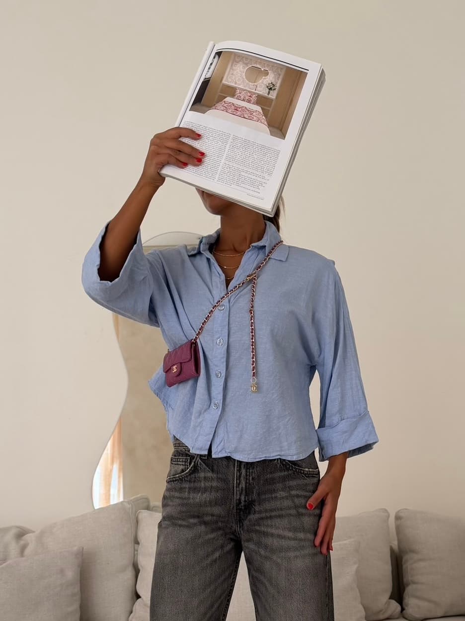 شومیز RELAXED LINEN 100% MANGO رنگ SKY BLUE — تصویر ۳