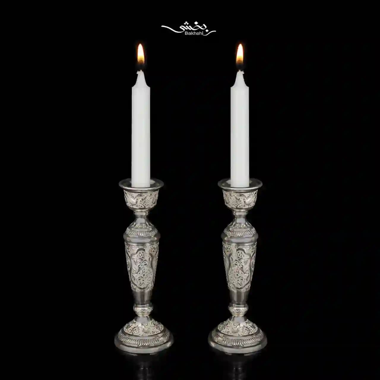 شمعدان نقره تک شاخه قلم گل و مرغ — تصویر ۲