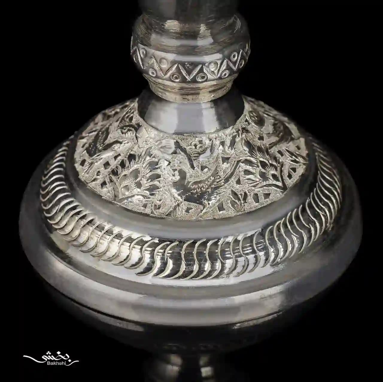 شمعدان نقره تک شاخه قلم گل و مرغ — تصویر ۵