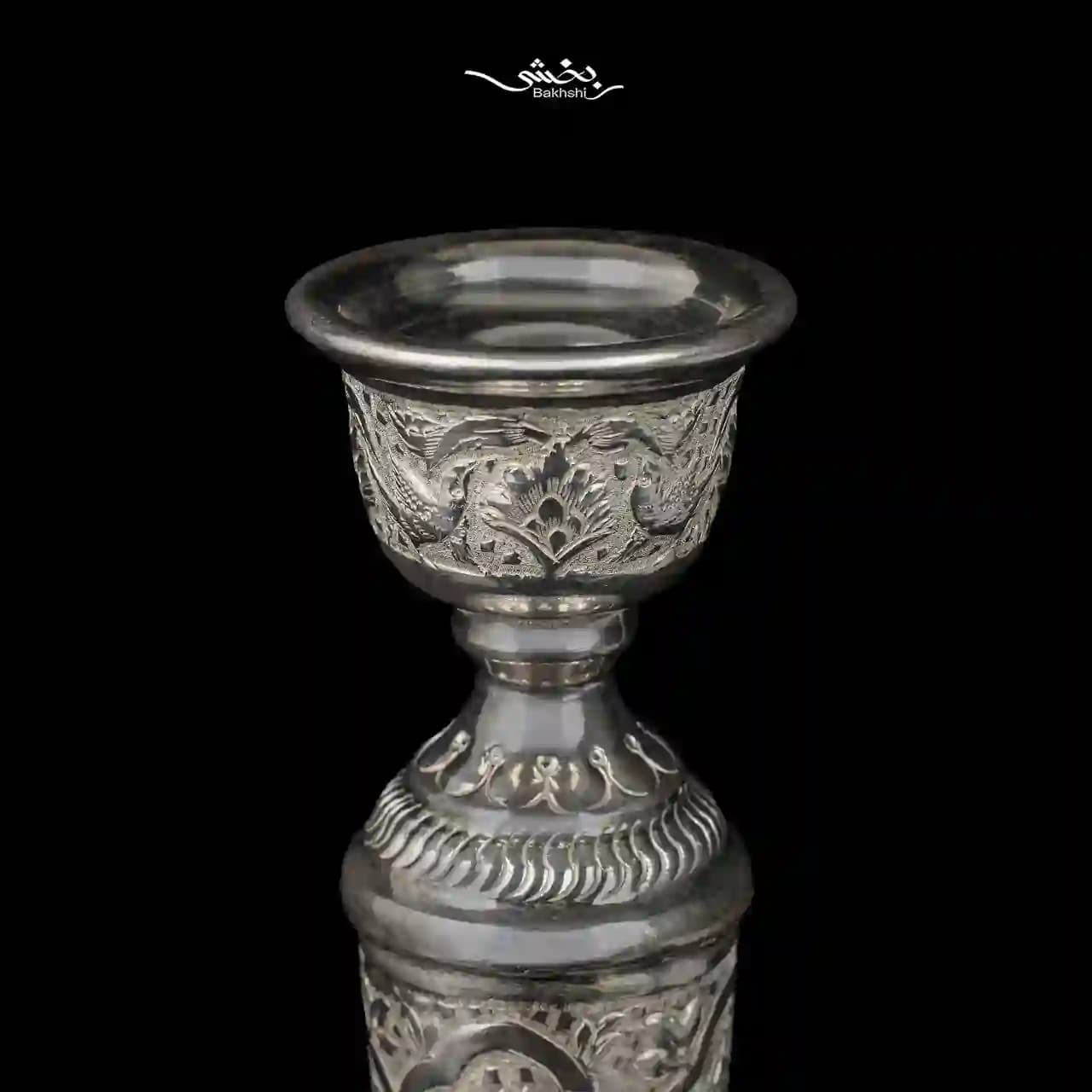 شمعدان نقره تک شاخه قلم گل و مرغ — تصویر ۳