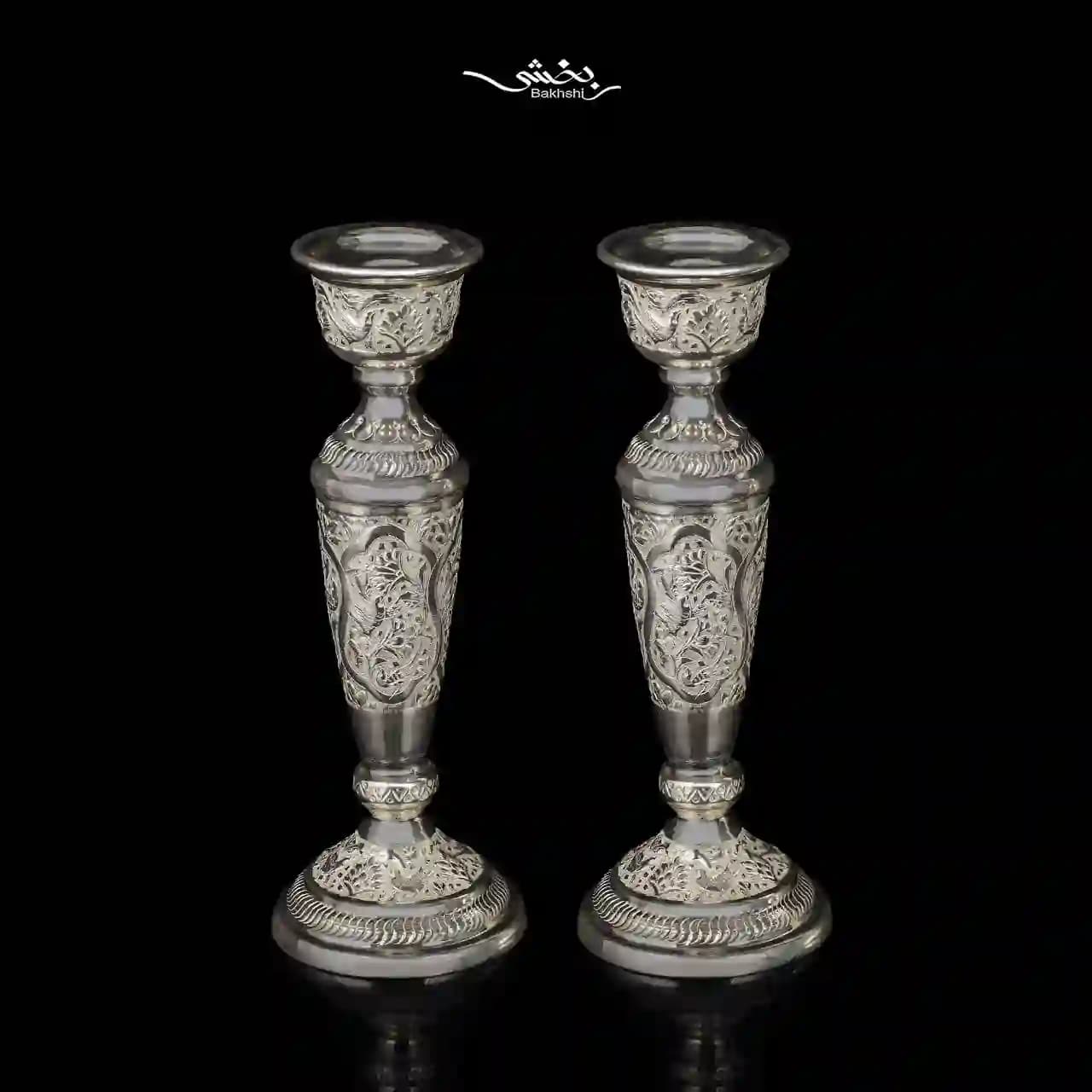 شمعدان نقره تک شاخه قلم گل و مرغ