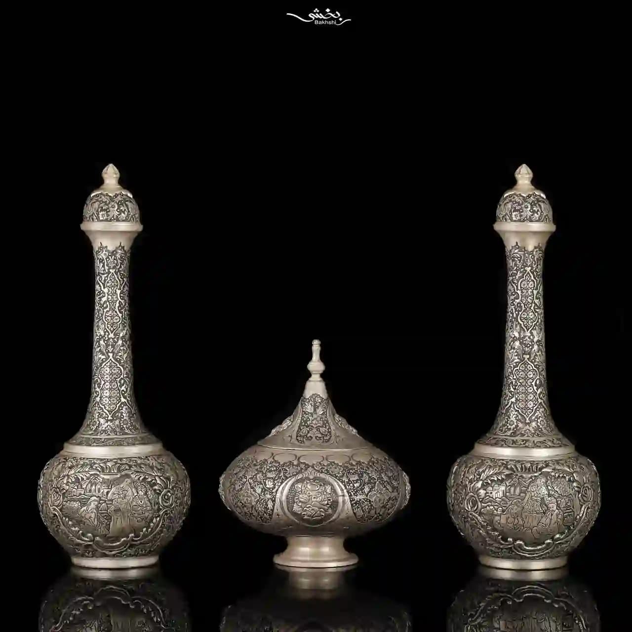 یک جفت تنگ نقره مینیاتور و گل و مرغ — تصویر ۸