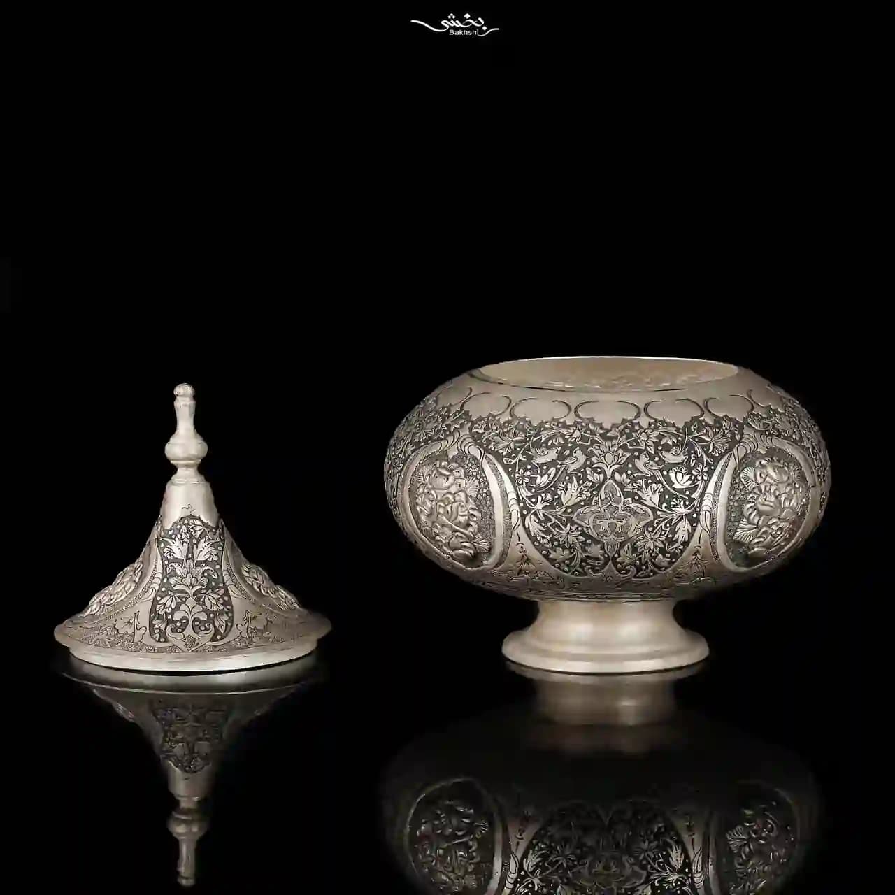 گزخوری نقره درب دار قلم گل و مرغ — تصویر ۲