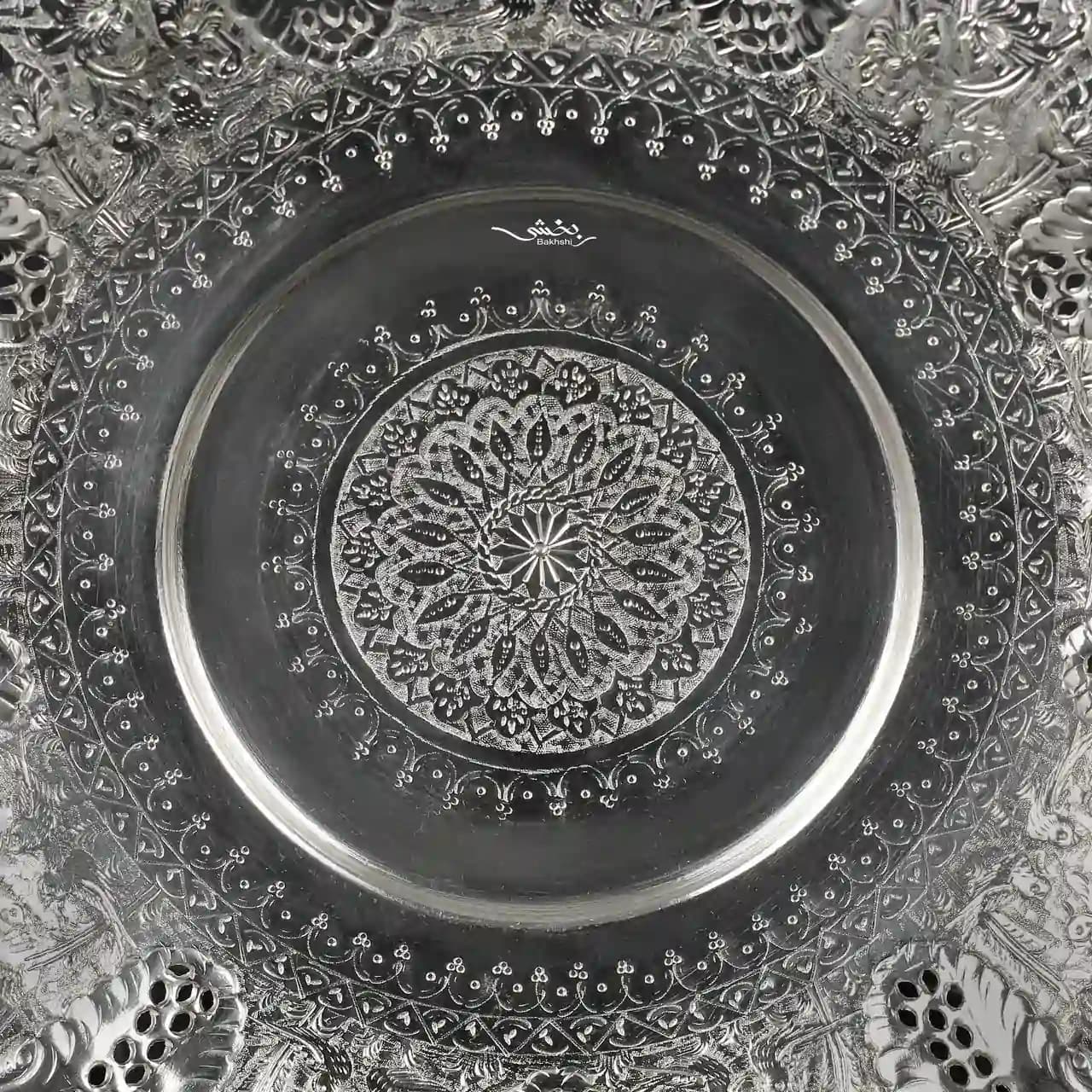 شیرینی خوری نقره گرد قلم گل و مرغ — تصویر ۵