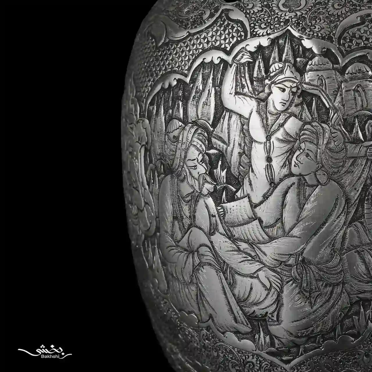 تنگ نقره شاخدار ریز قلم مینیاتور اعلا — تصویر ۵