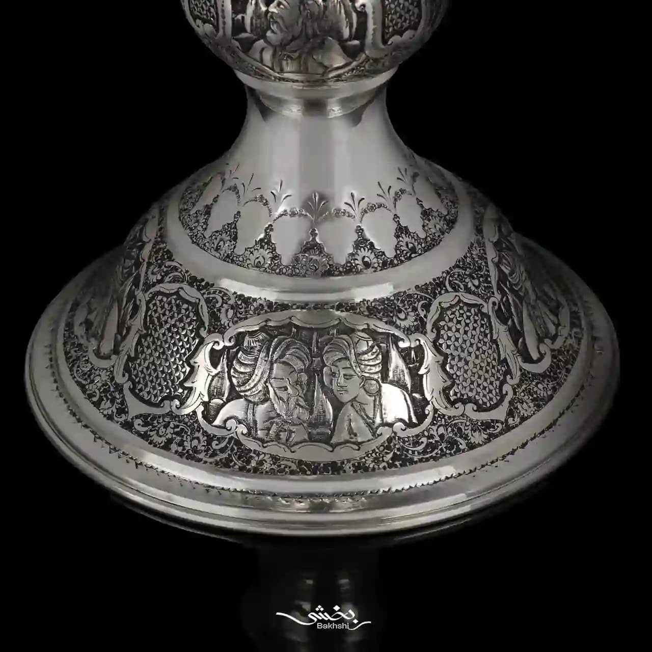 کاسه نقره پایه دار ریزقلم مینیاتور اعلا — تصویر ۸