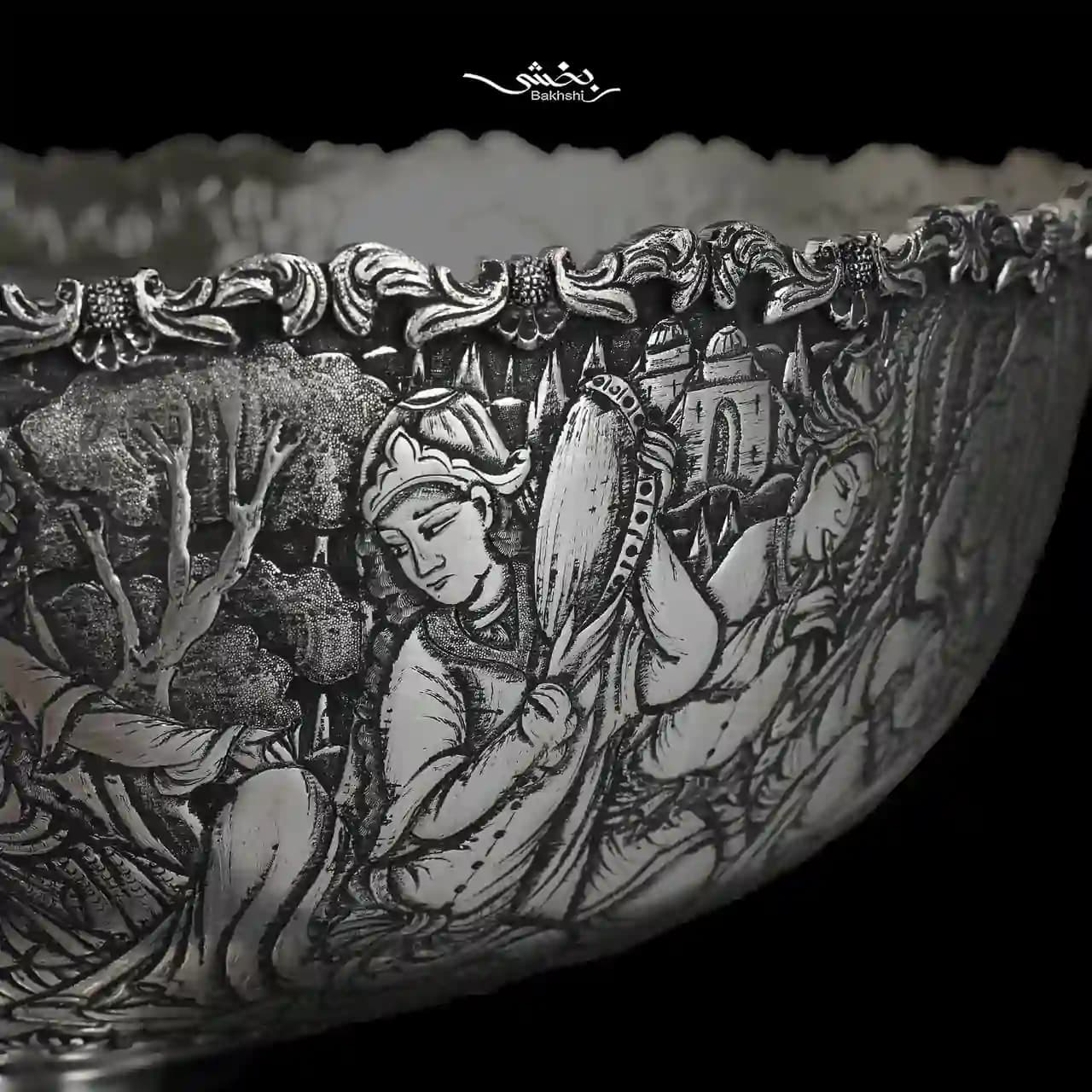 کاسه نقره پایه دار ریزقلم مینیاتور اعلا — تصویر ۵
