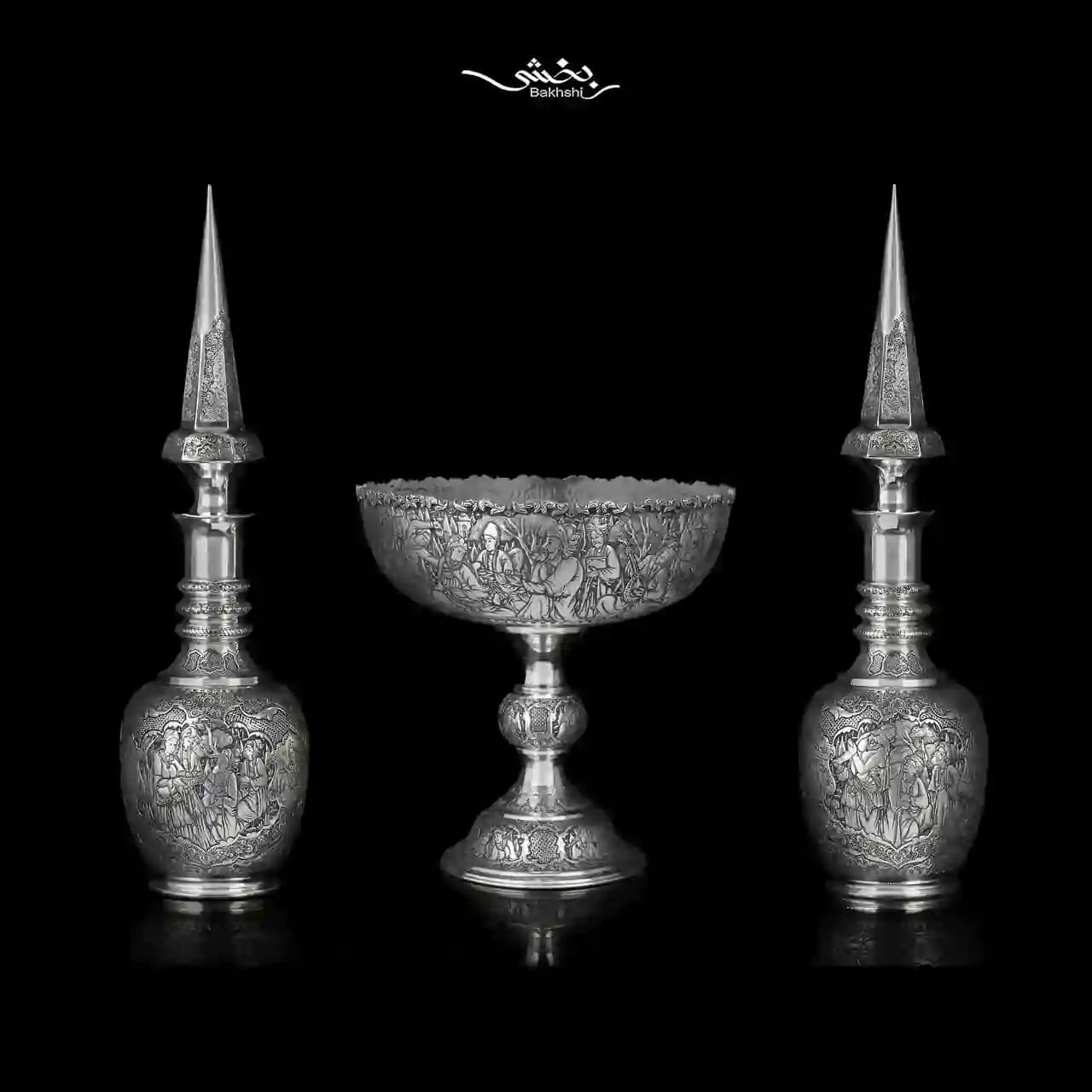 کاسه نقره پایه دار ریزقلم مینیاتور اعلا — تصویر ۴