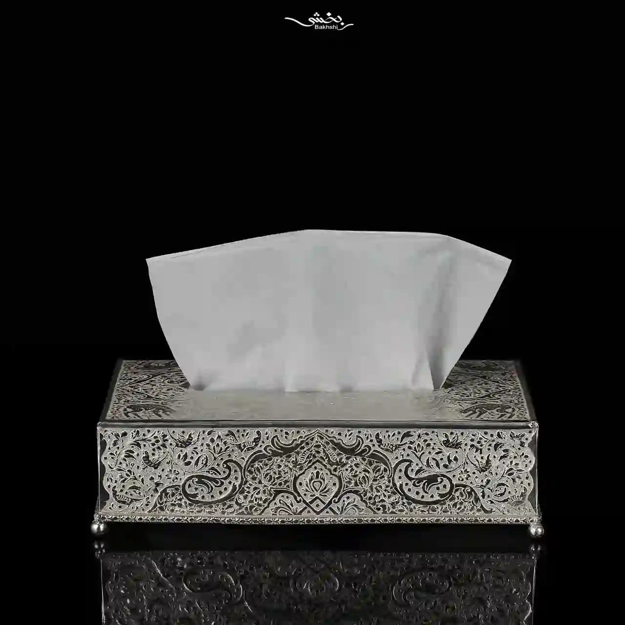 جعبه دستمال کاغذی نقره قلم گل و مرغ