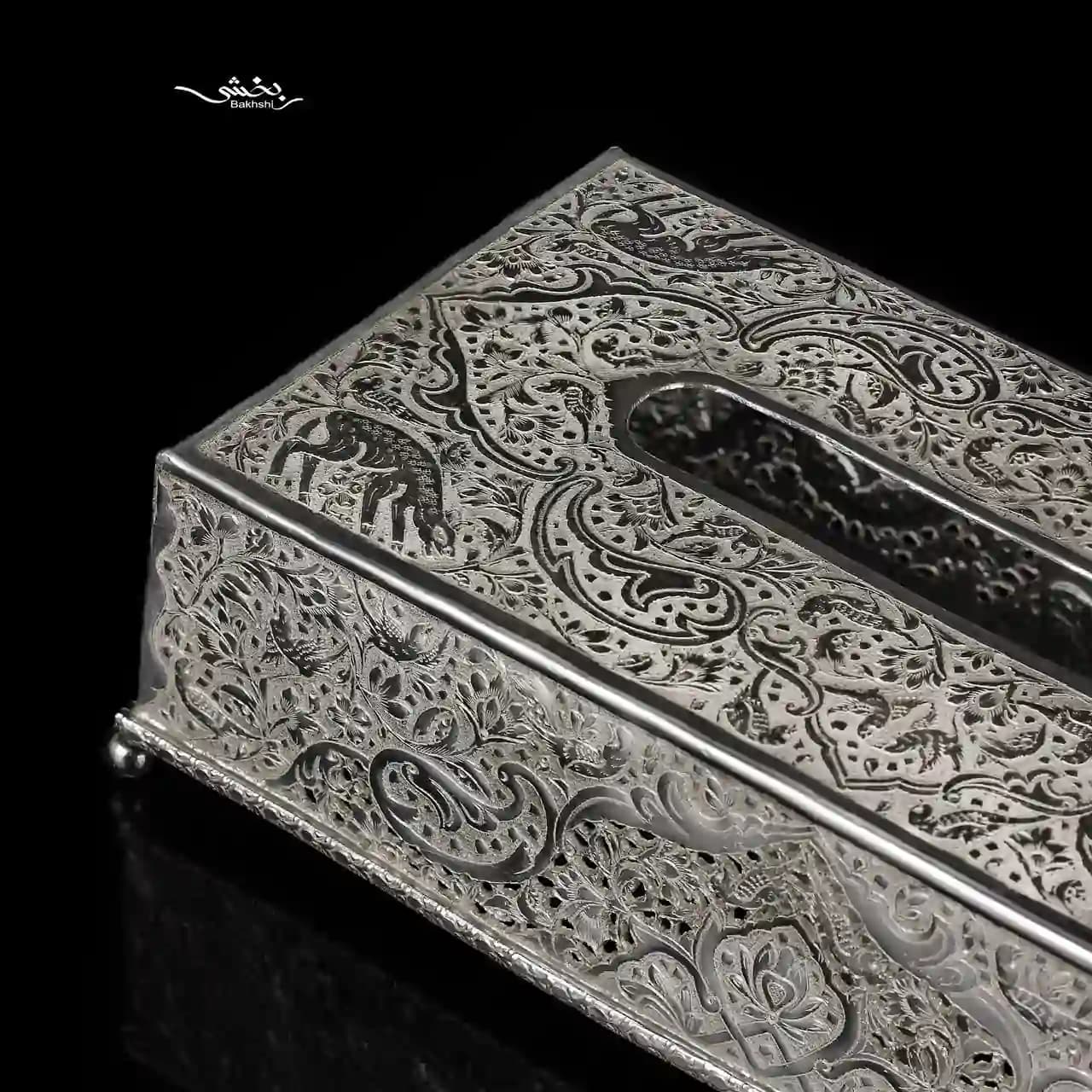 جعبه دستمال کاغذی نقره قلم گل و مرغ — تصویر ۴