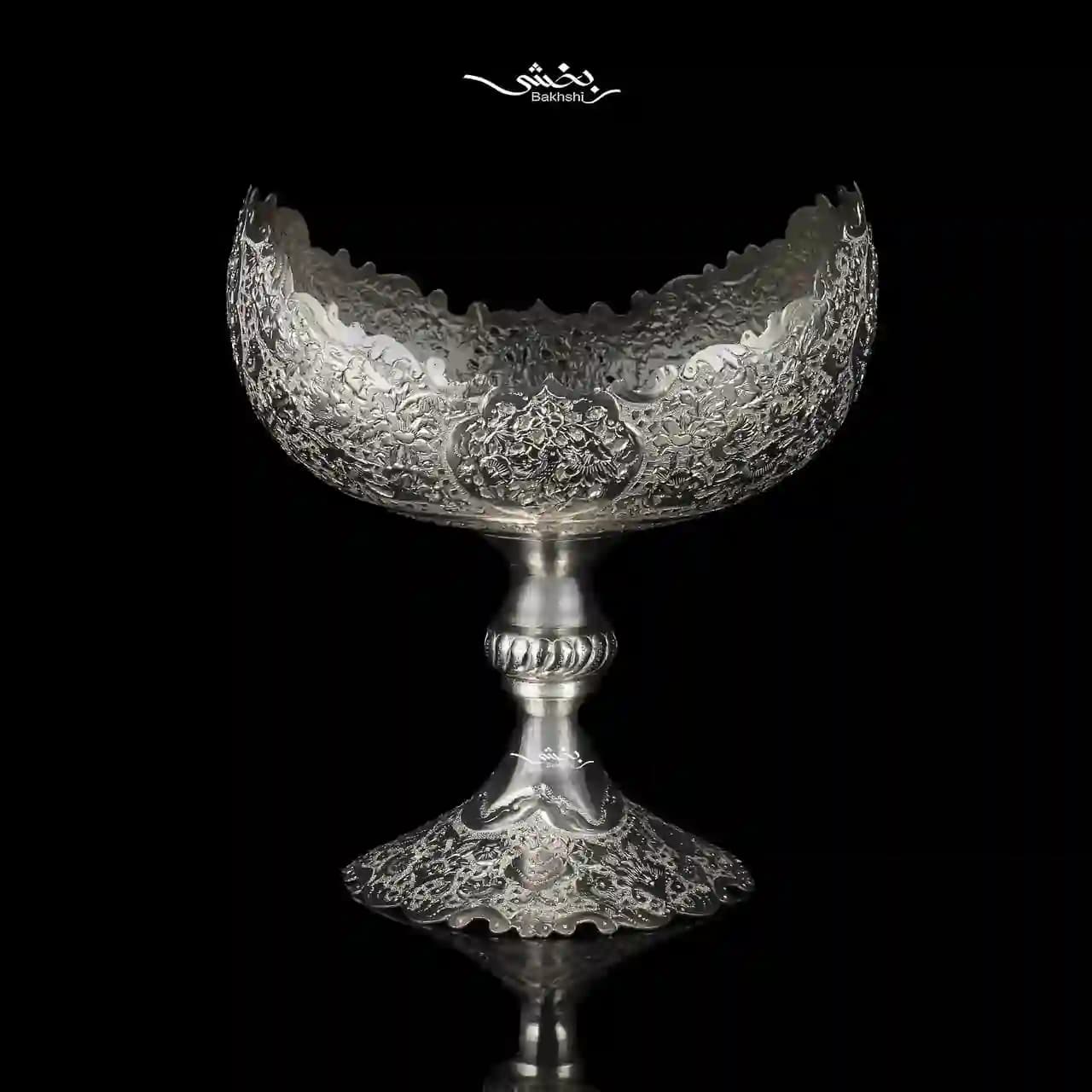 کشکول نقره پایه دار قلم گل و مرغ