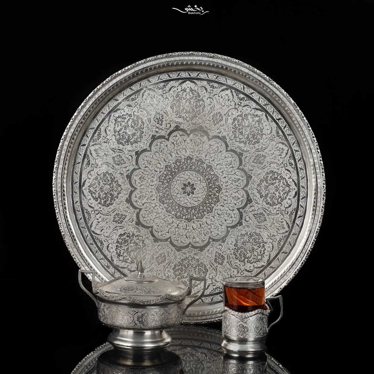 ست چایخوری نقره قلم گل و مرغ و ترنج درجه یک — تصویر ۲