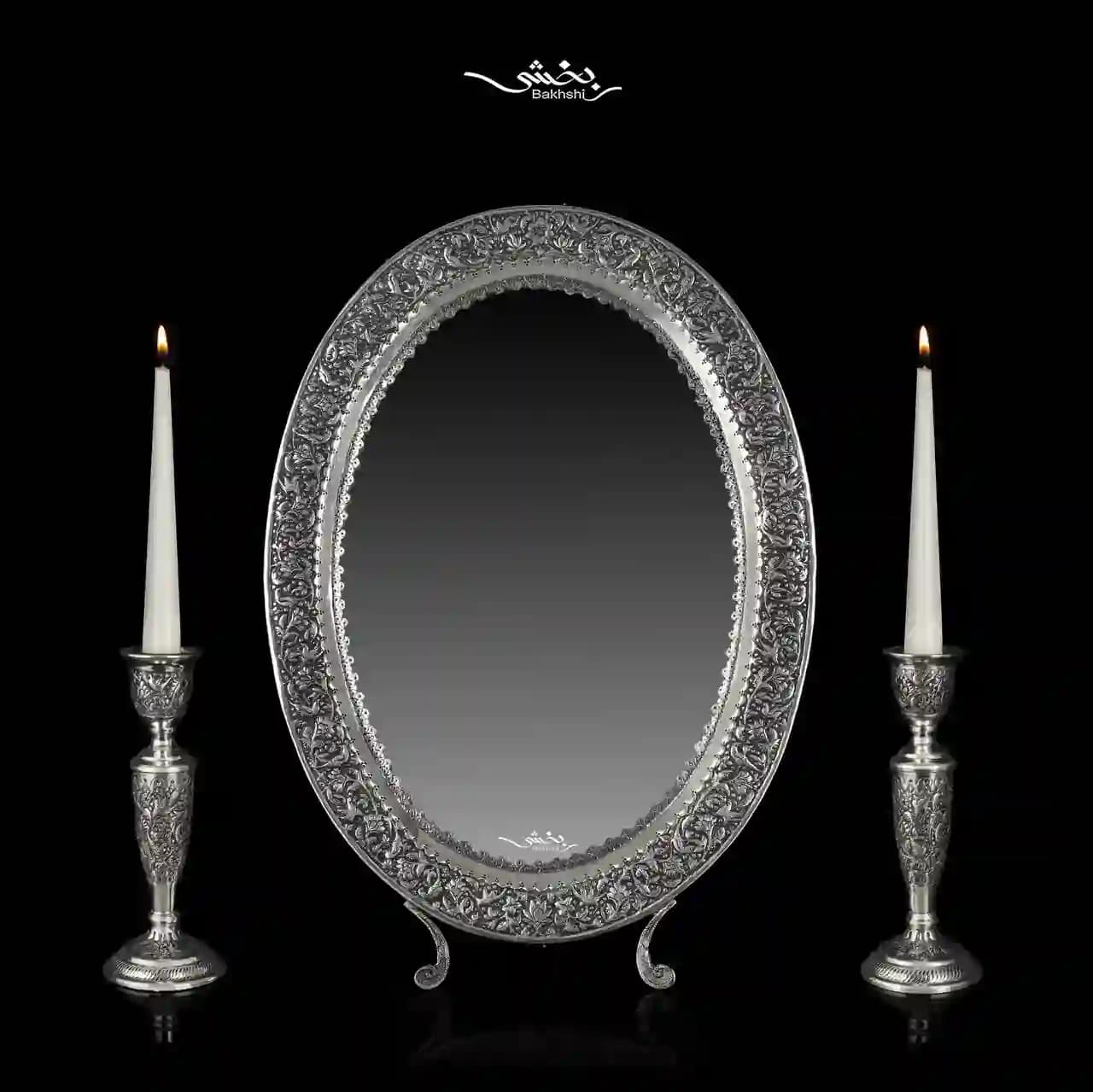 آینه بیضی نقره قلم گل و مرغ — تصویر ۵