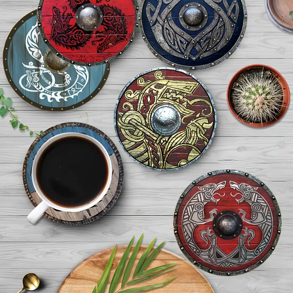 زیرلیوانی چوبی ۶ عددی گرد با طرح سپر وایکینگ — تصویر ۳