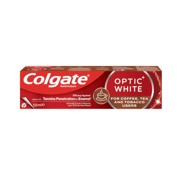 خمیر دندان کولگیت COLGATE مدل Optic White مخصوص چای، سیگار و قهوه حجم 50 میل