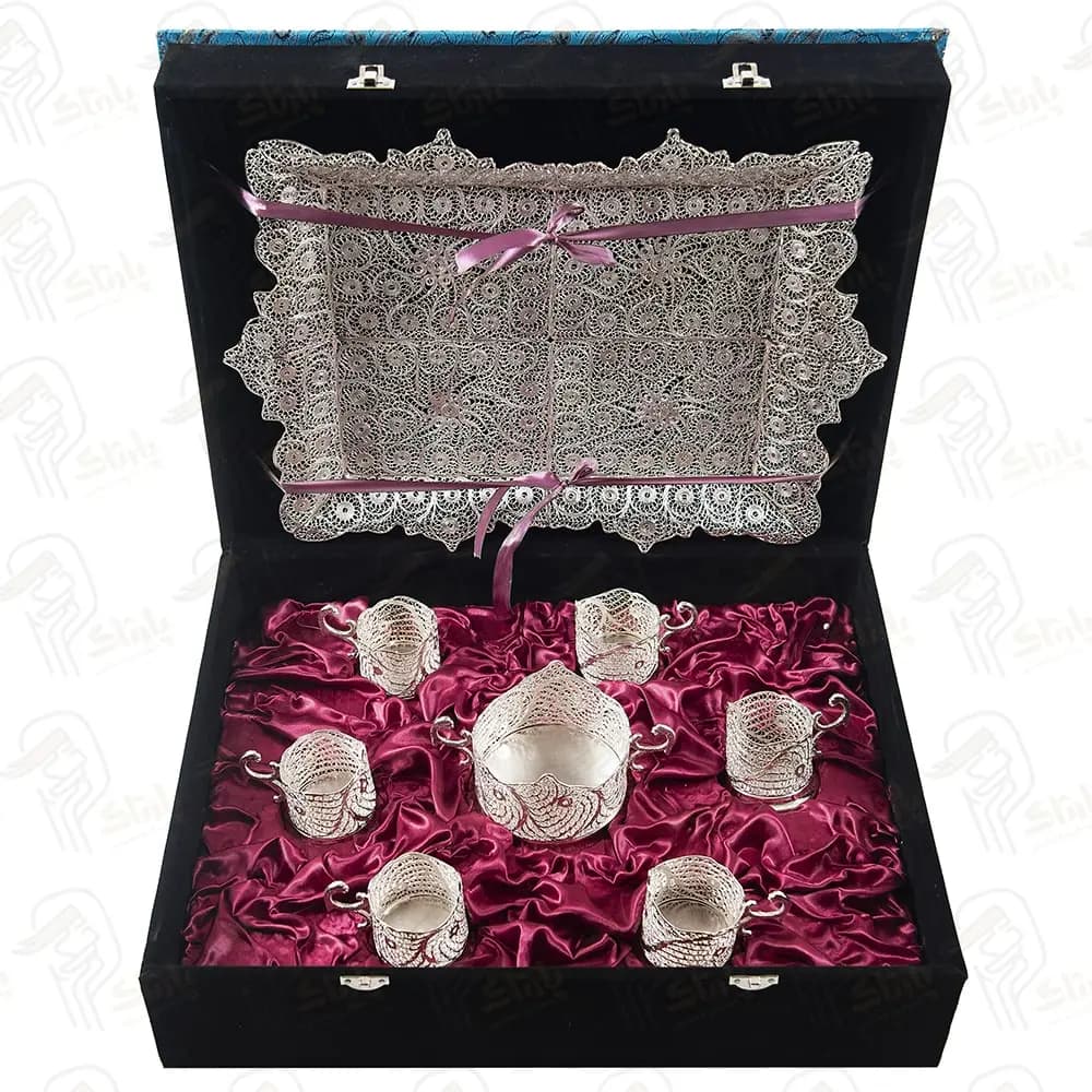 هدیه صنایع دستی ست چایخوری ملیله کاری شامل سینی، قندان و گالش ملیله