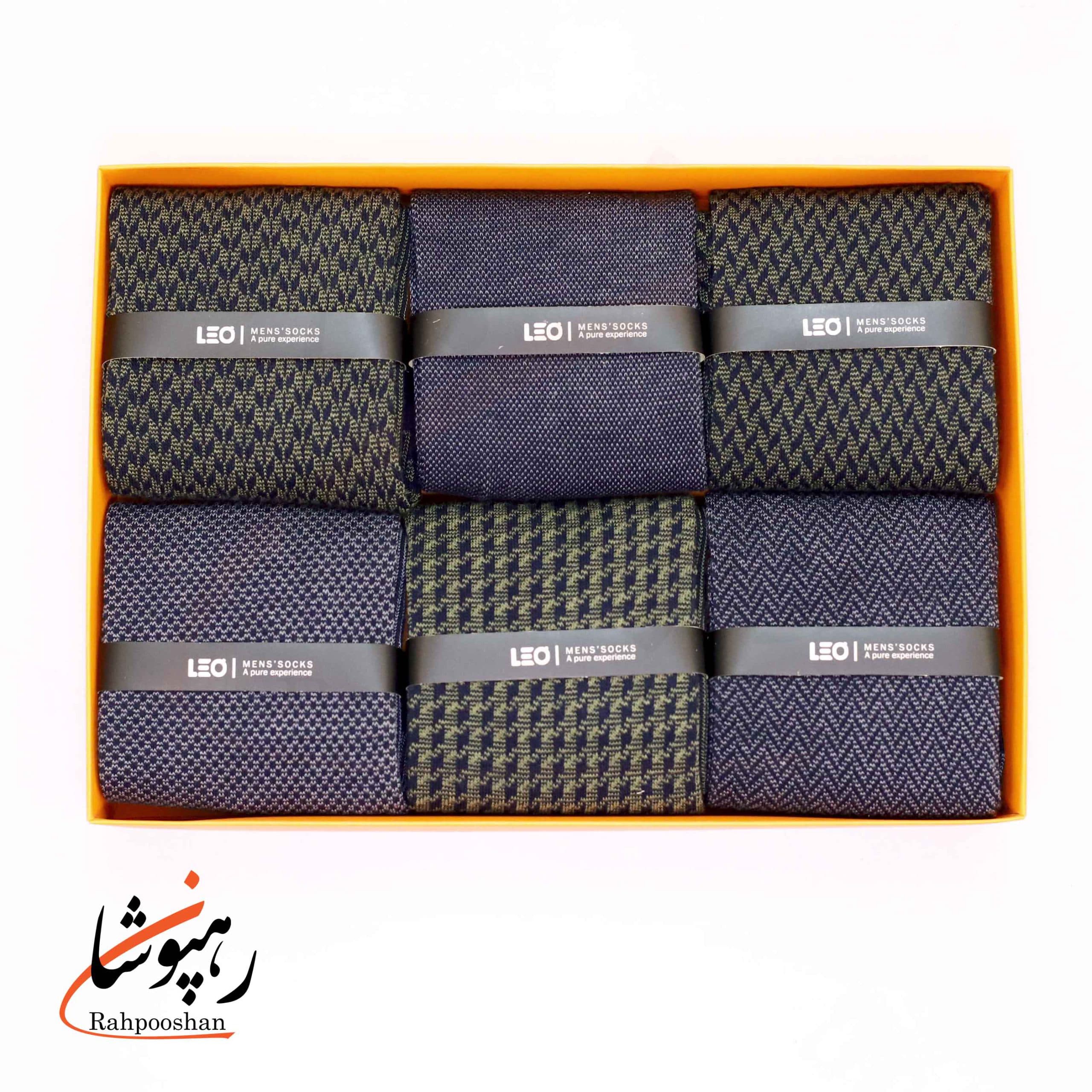 جوراب دوفس ساقدار 6 طرح سرمه ای زیتونی روشن لئو LEO (پک 6 عددی)(104)