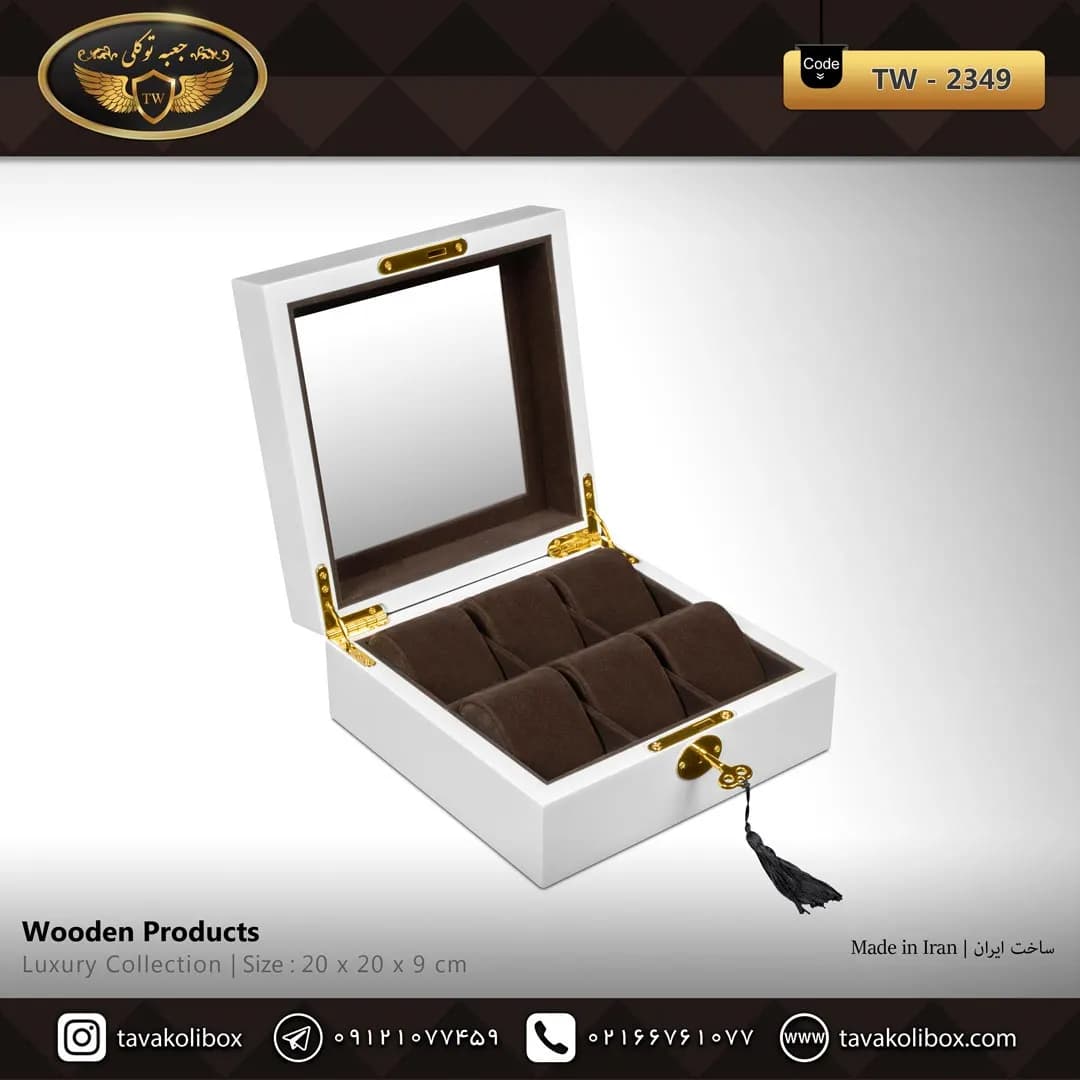 جعبه ساعت 6 خونه درب دار بالشتک لوکس کلیددار رنگ سفید-قهوه ای مدل : TW-2349 — تصویر ۲