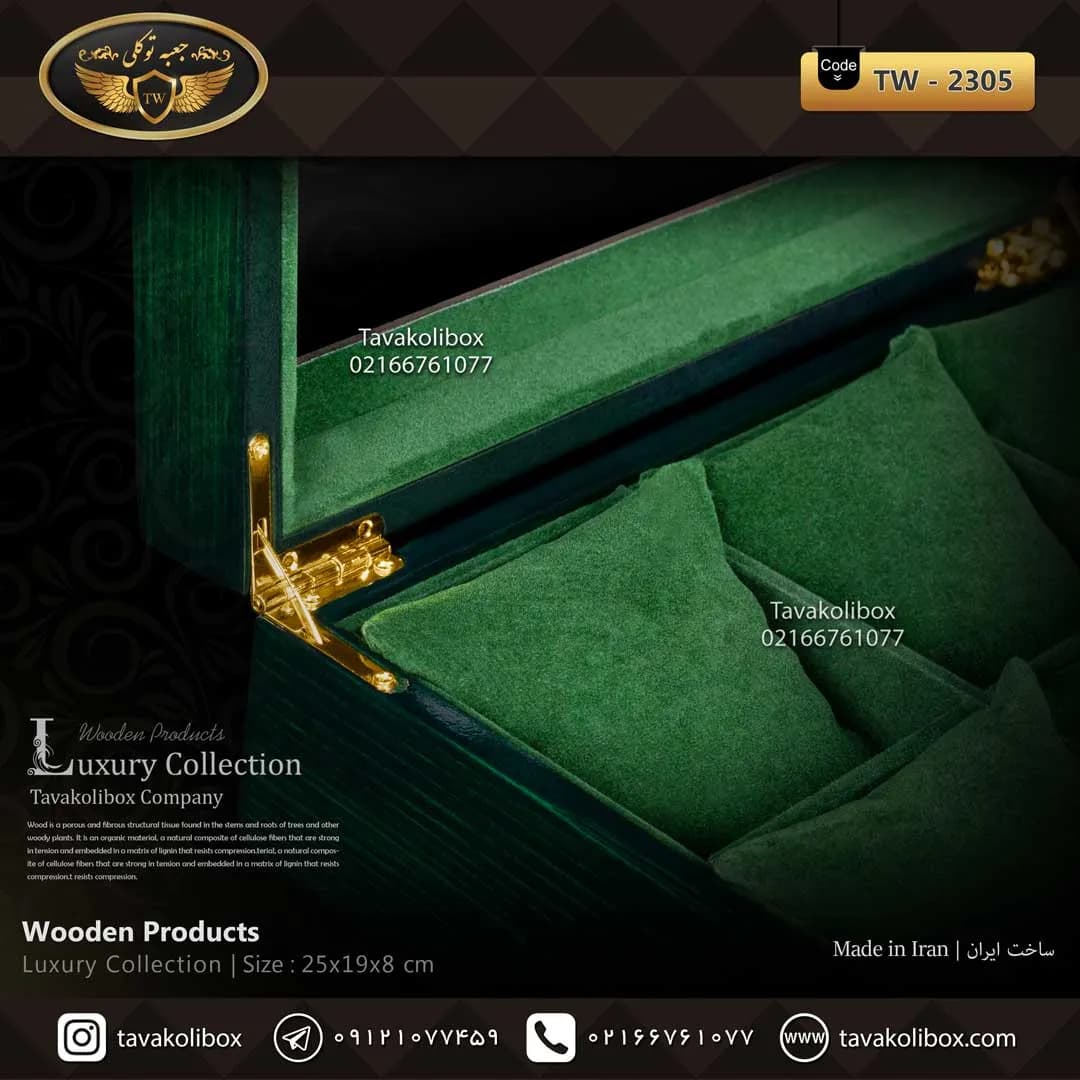 جعبه ساعت 6 خونه درب دار بالشتک معمولی چوب طبیعی رنگ سبز مدل : TW-2305 — تصویر ۳