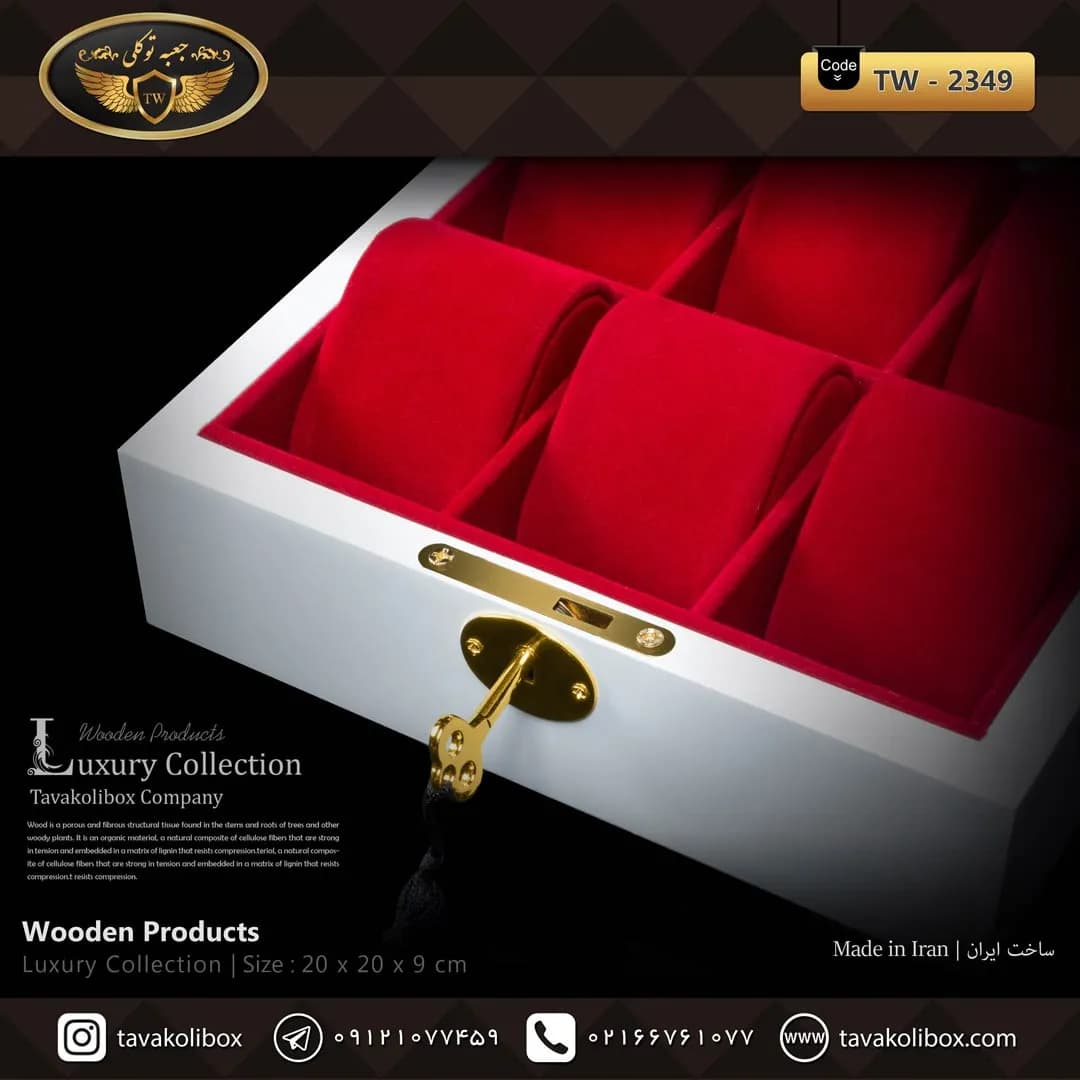 جعبه ساعت 6 خونه درب دار بالشتک لوکس کلیددار رنگ سفید-قرمز مدل : TW-2349 — تصویر ۳