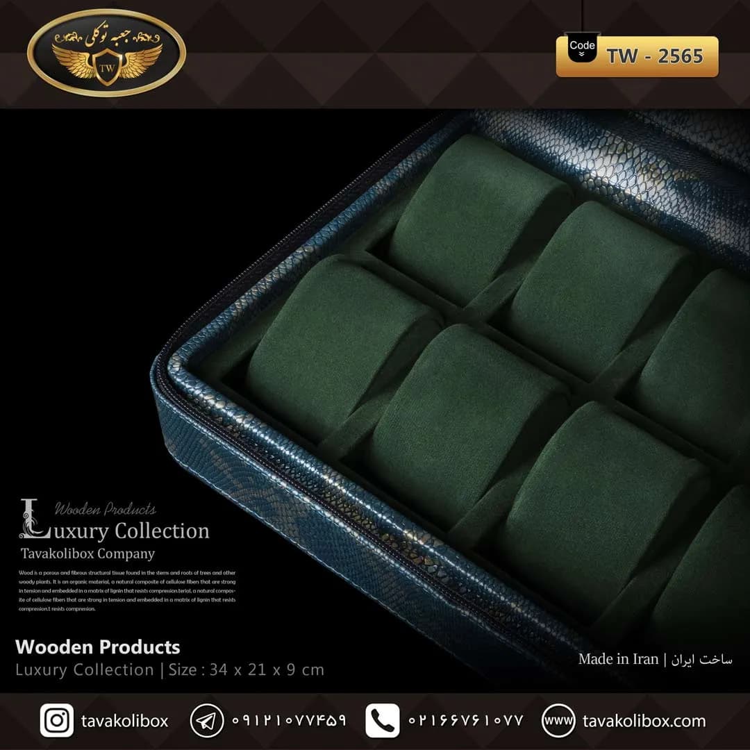 جعبه ساعت 10 خونه سوپرلاکچری زیپدار بالشتک لوکس چرم رنگ آبی-طلایی مدل : TW-2565 — تصویر ۳