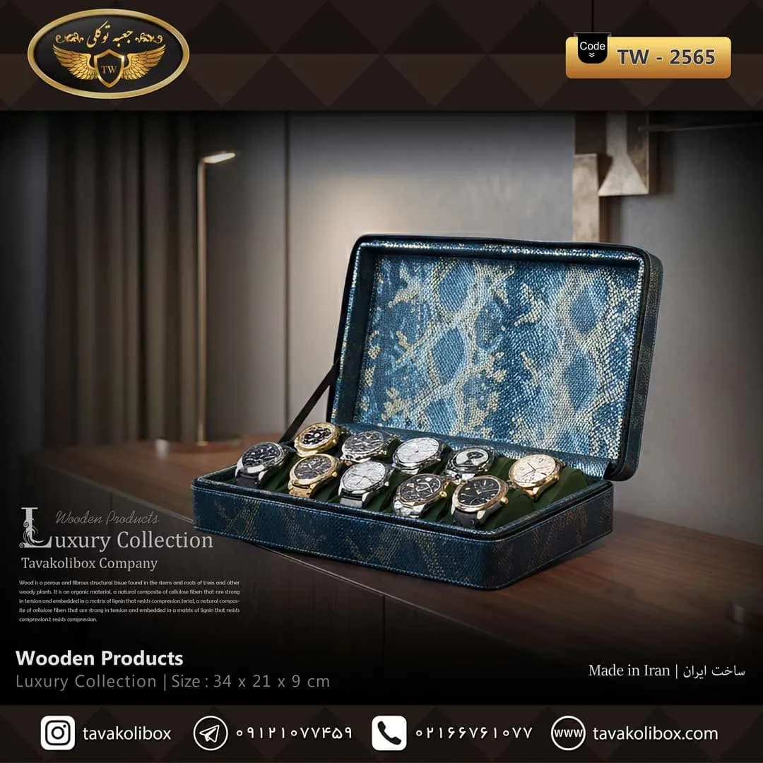 جعبه ساعت 10 خونه سوپرلاکچری زیپدار بالشتک لوکس چرم رنگ آبی-طلایی مدل : TW-2565 — تصویر ۴