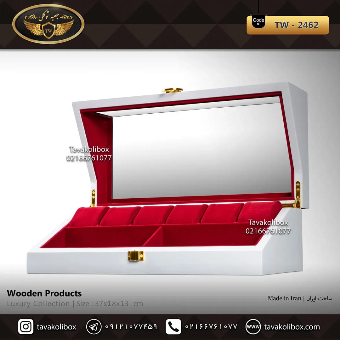 جعبه ساعت 6 خونه بالشتک لوکس 2 خونه عینک طرح وایندر رنگ سفید مدل : TW-2462 — تصویر ۳