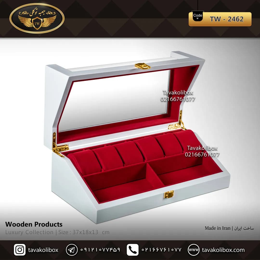 جعبه ساعت 6 خونه بالشتک لوکس 2 خونه عینک طرح وایندر رنگ سفید مدل : TW-2462 — تصویر ۲