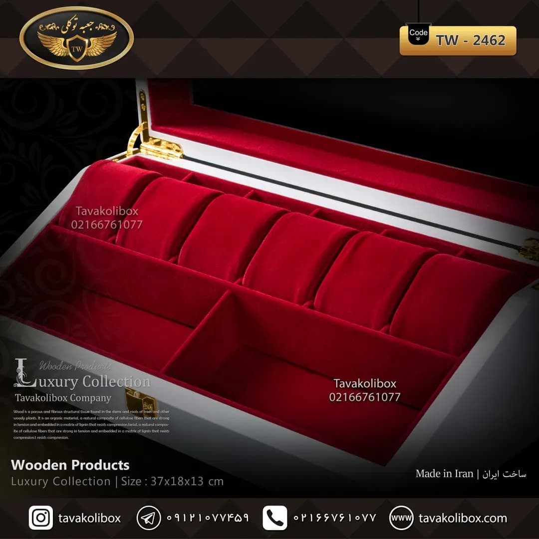 جعبه ساعت 6 خونه بالشتک لوکس 2 خونه عینک طرح وایندر رنگ سفید مدل : TW-2462 — تصویر ۴