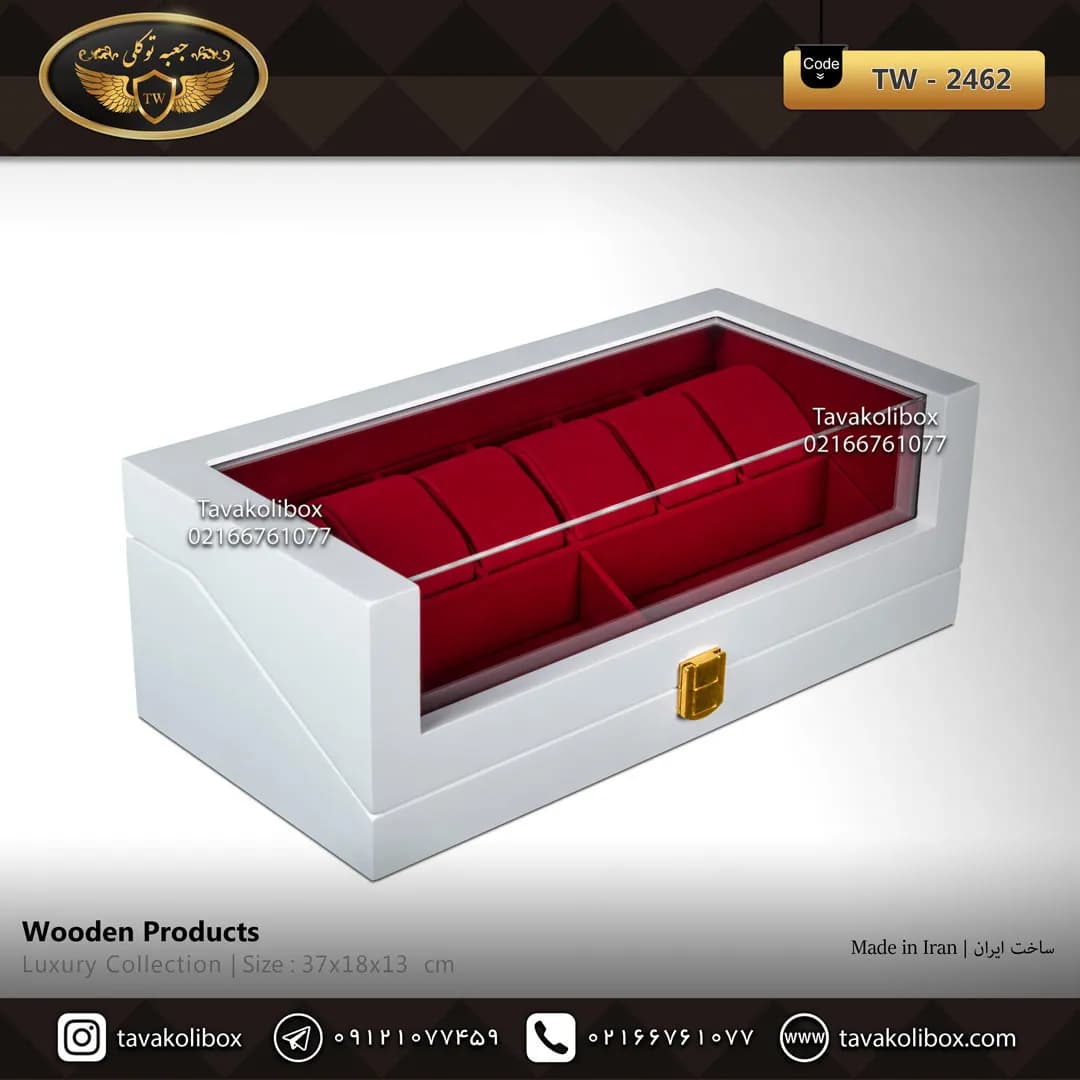جعبه ساعت 6 خونه بالشتک لوکس 2 خونه عینک طرح وایندر رنگ سفید مدل : TW-2462