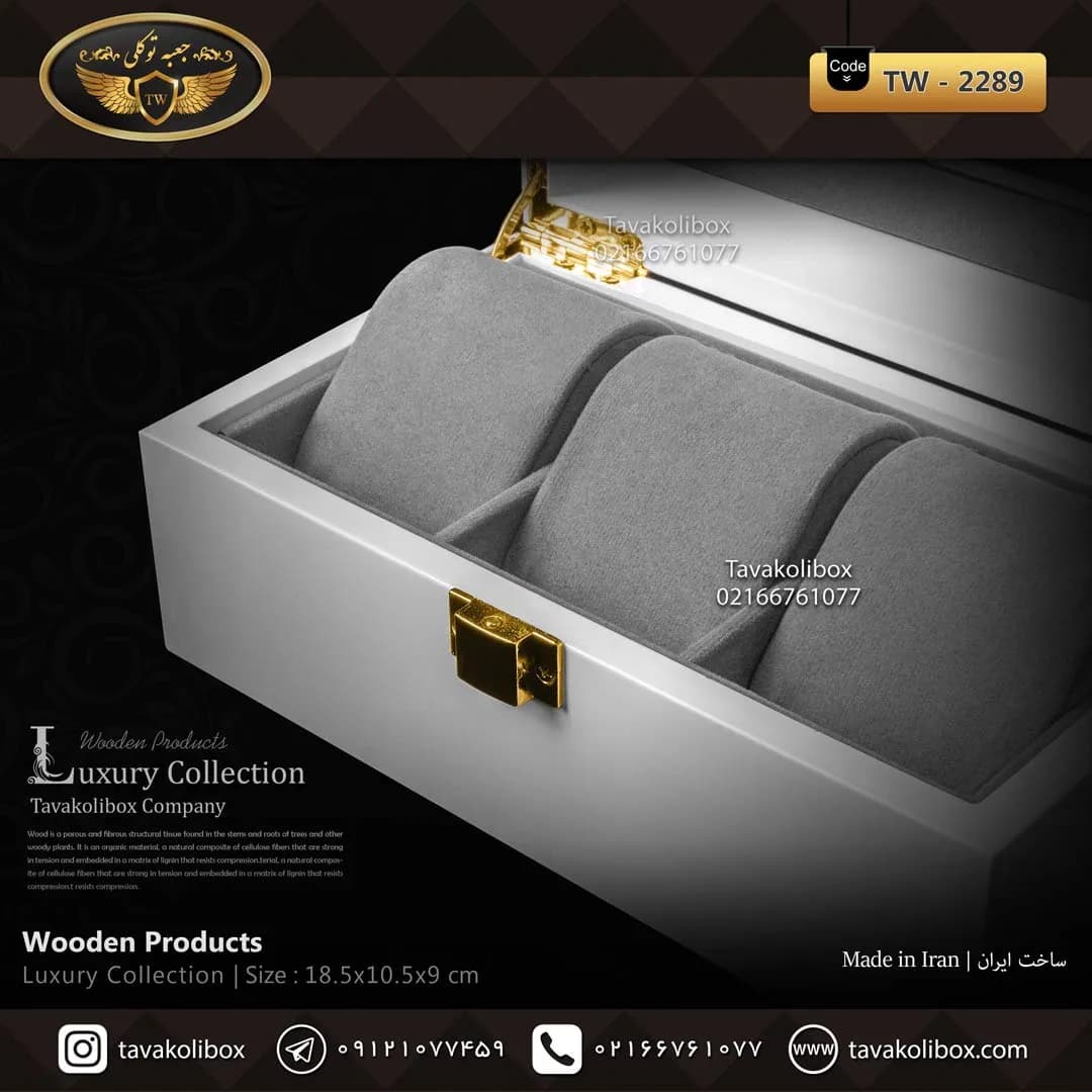 جعبه ساعت 3 خونه درب دار بالشتک لوکس رنگ سفید-طوسی مدل : TW-2289 — تصویر ۳