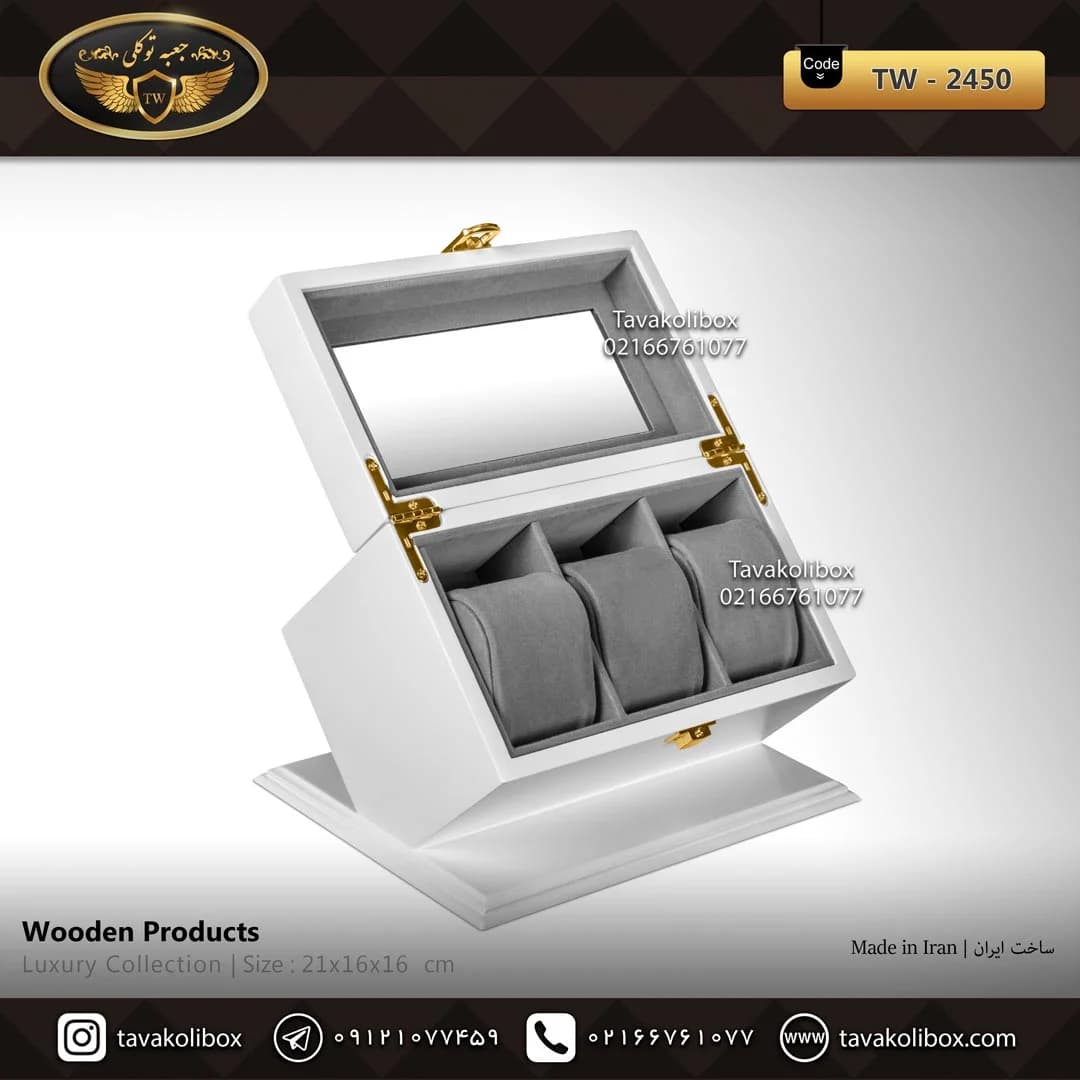 جعبه ساعت 3 خونه اوریب بالشتک لوکس رنگ سفید مدل : TW-2450 — تصویر ۲