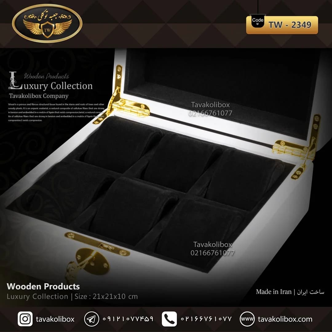 جعبه ساعت 6 خونه درب دار بالشتک لوکس کلیددار رنگ سفید مدل : TW-2349 — تصویر ۳