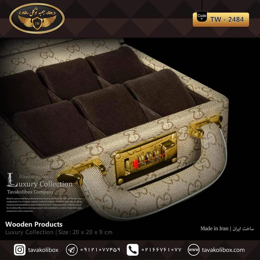 جعبه ساعت 6 خونه سوپرلاکچری درب دار بالشتک لوکس چرم رنگ کرمی مدل : TW-2484 — تصویر ۳