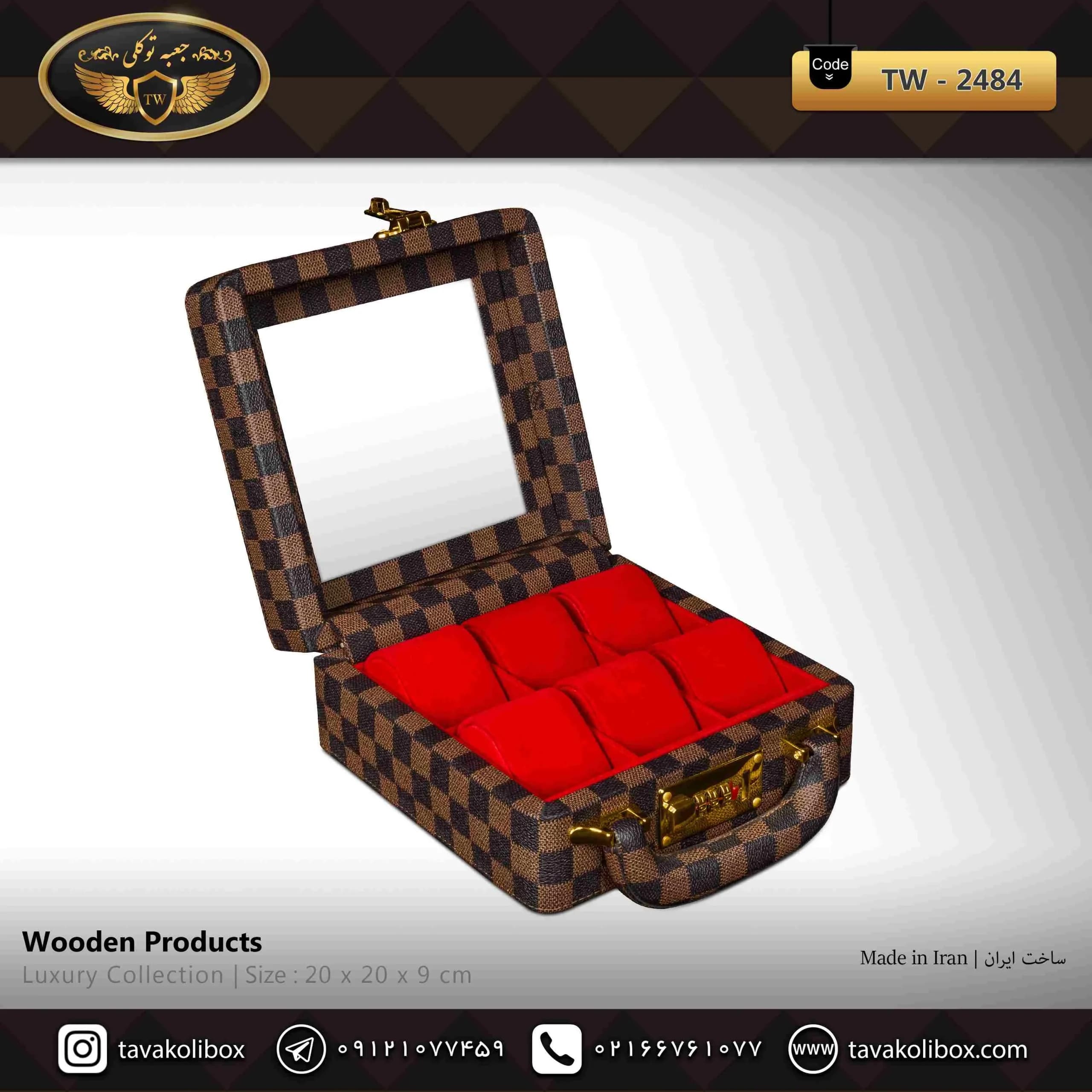 جعبه ساعت 6 خونه سوپرلاکچری درب دار بالشتک لوکس چرم رنگ قهوه ای چارخونه مدل : TW-2484 — تصویر ۲