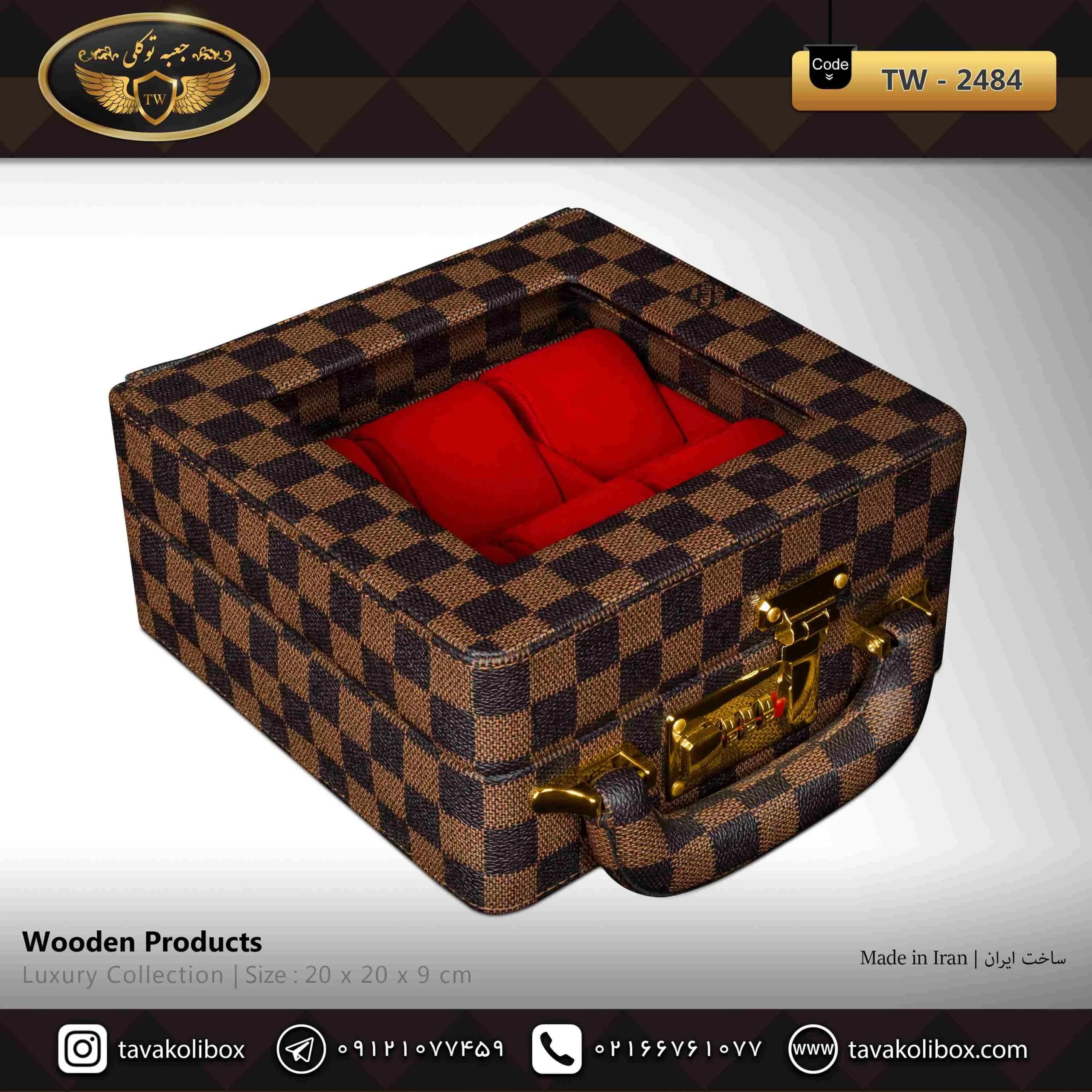 جعبه ساعت 6 خونه سوپرلاکچری درب دار بالشتک لوکس چرم رنگ قهوه ای چارخونه مدل : TW-2484