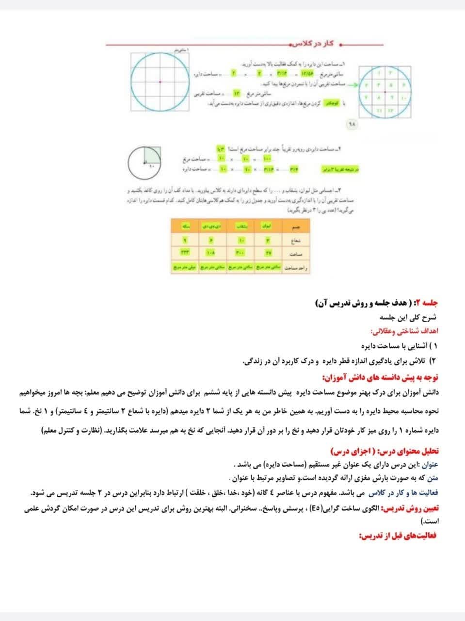 طرح درس ساحتی روزانه ریاضی ششم مساحت دایره — تصویر ۷
