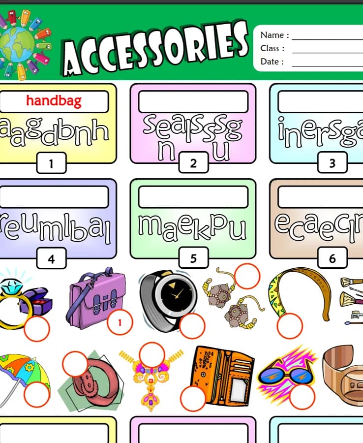 کتاب Accessories ESL Vocabulary Unscramble (واژگان اکسسوری – مرتب‌سازی کلمات) نسخه انگلیسی PDF