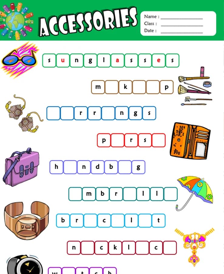 کتاب Accessories ESL Vocabulary Missing Letters (واژگان اکسسوری – حروف جا افتاده) نسخه انگلیسی PDF