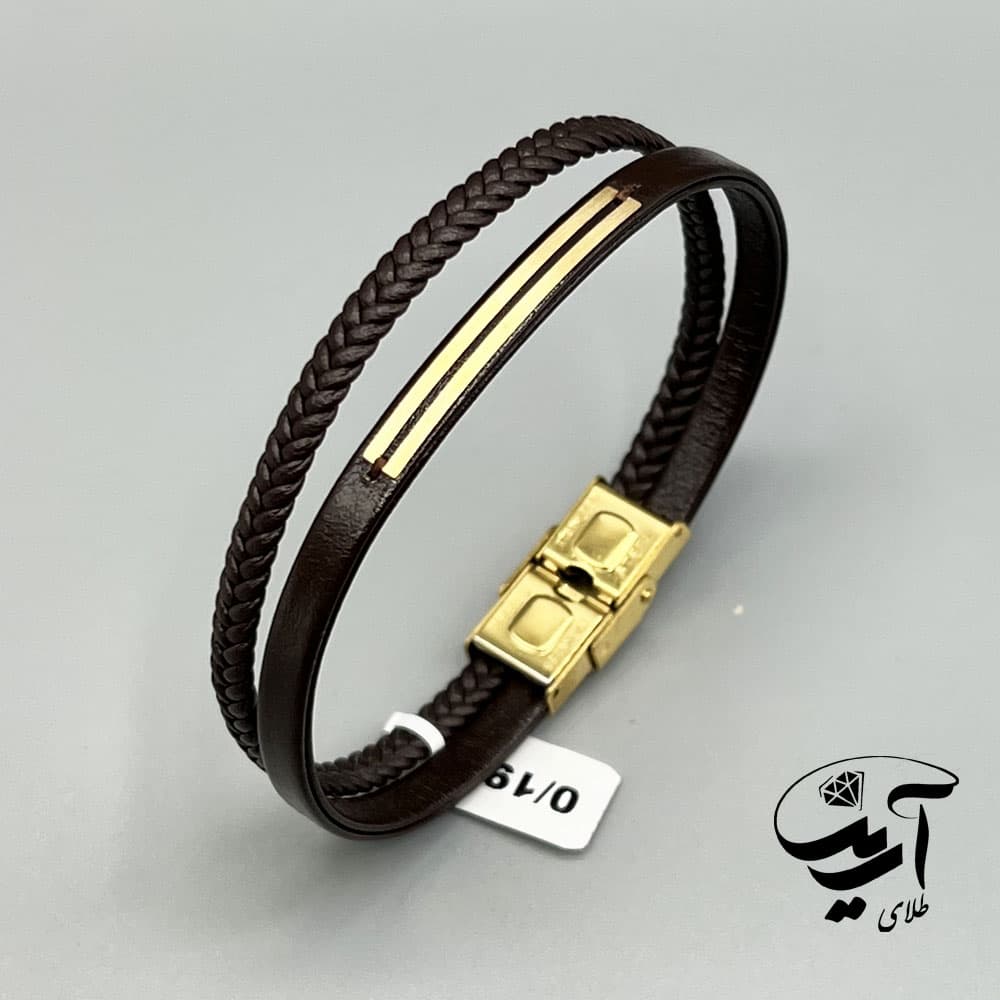 دستبند چرم و طلا مردانه کد 1215 قهوه ای