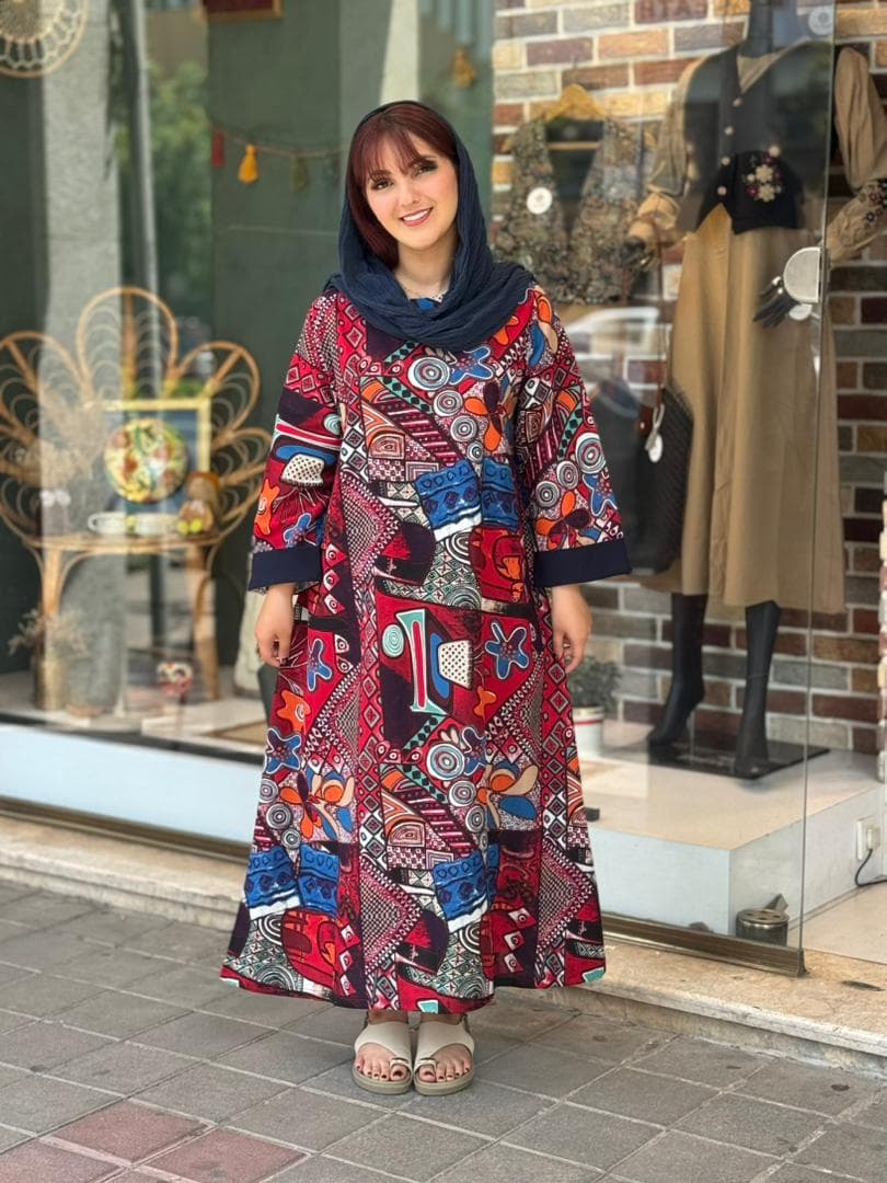 پیراهن پریا طرحدار شلوغ آبی زرشکی — تصویر ۳