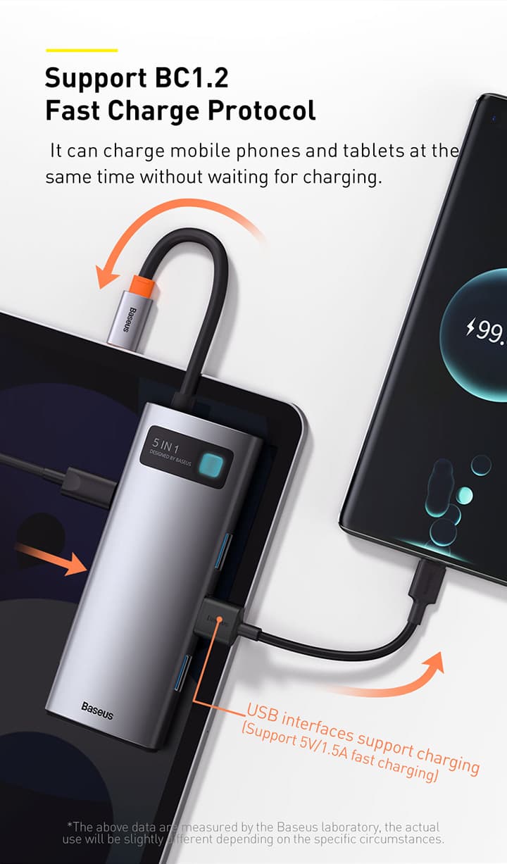 هاب 5 پورت بیسوس Baseus 5 in 1 Multifunctional Type-C HUB CAHUB-CX0G توان 100 وات — تصویر ۳