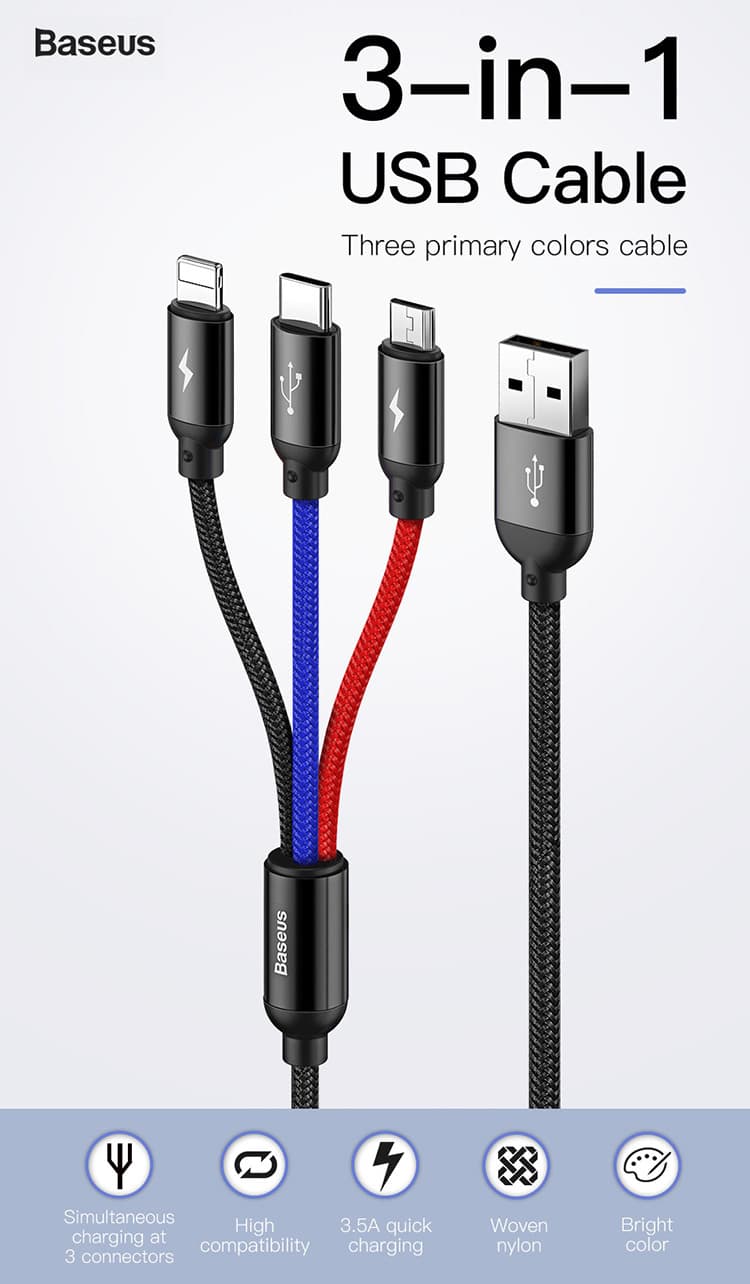کابل تبدیل USB به microUSB/USB-C /لایتنینگ باسئوس Baseus مدل CAMLT-BSY01 — تصویر ۳