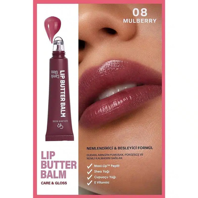 بالم لب کره ای گلدن رز Golden Rose مدل Lip Butter Balm کد 08 رنگ Mulberry — تصویر ۳