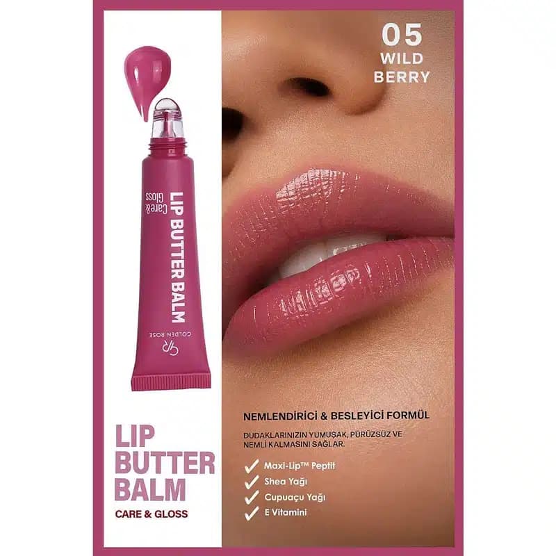 بالم لب کره ای گلدن رز Golden Rose مدل Lip Butter Balm کد 05 رنگ Wild Berry — تصویر ۳