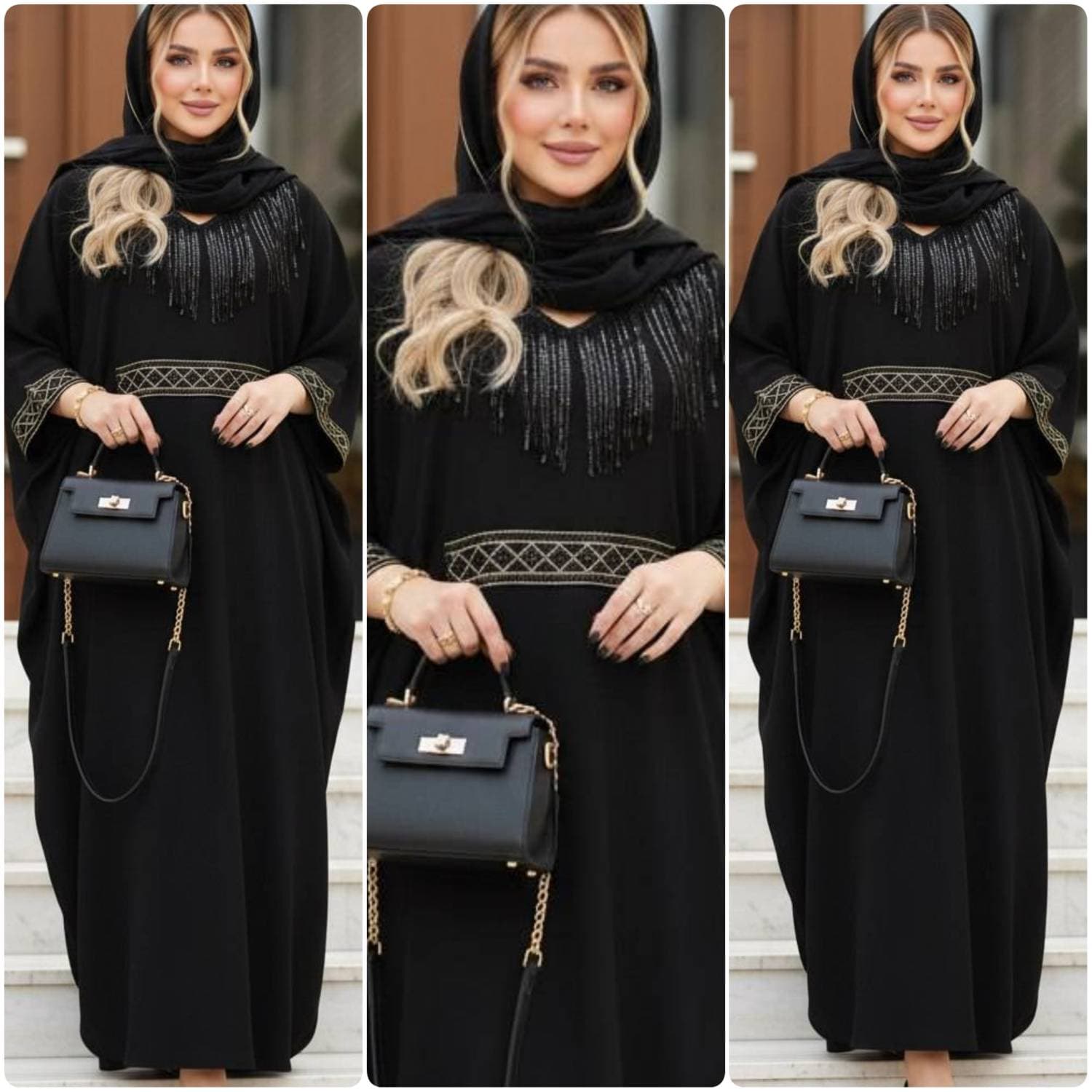عبای مجلسی زنانه مدل ماهک جنس الیزه خرجکار درخشان (کد: ۸۲۳۳)
