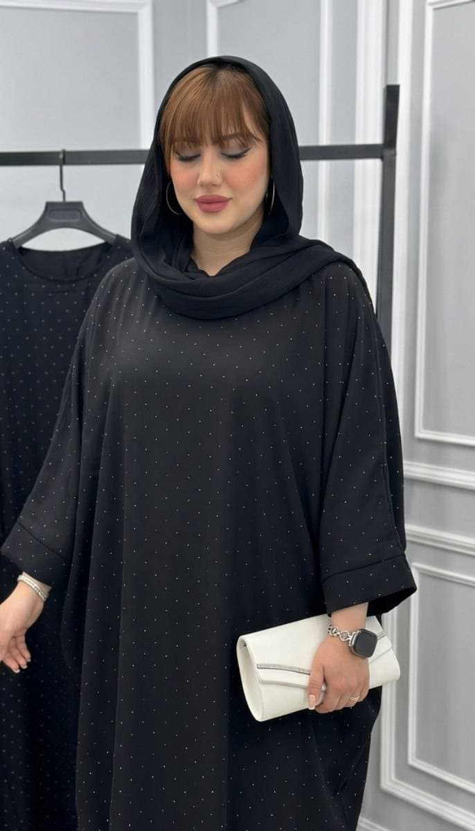 مانتو عبای مجلسی نگین دار زنانه جنس الیزه (کد: ۱۴۱۵۳) — تصویر ۳