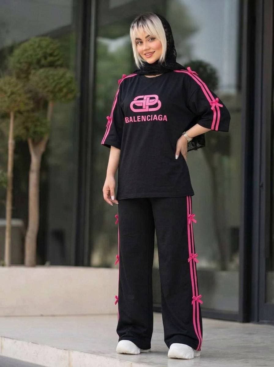 ست تیشرت و شلوار زنانه مدل بالنسیاگا پاپیونی جنس پنبه گلکسی (کد: ۱۱۹۳۶) — تصویر ۲