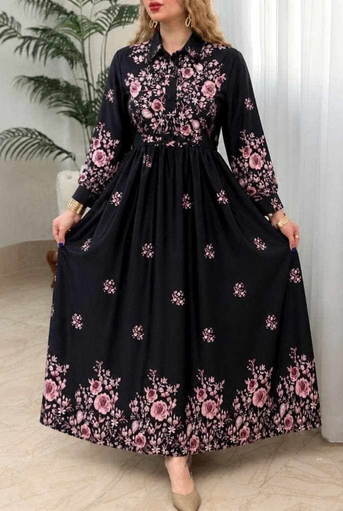 پیراهن مجلسی زنانه طرح زنبق گلدار، پارچه بوگاتی درجه یک، سایز فری (کد: 12760)