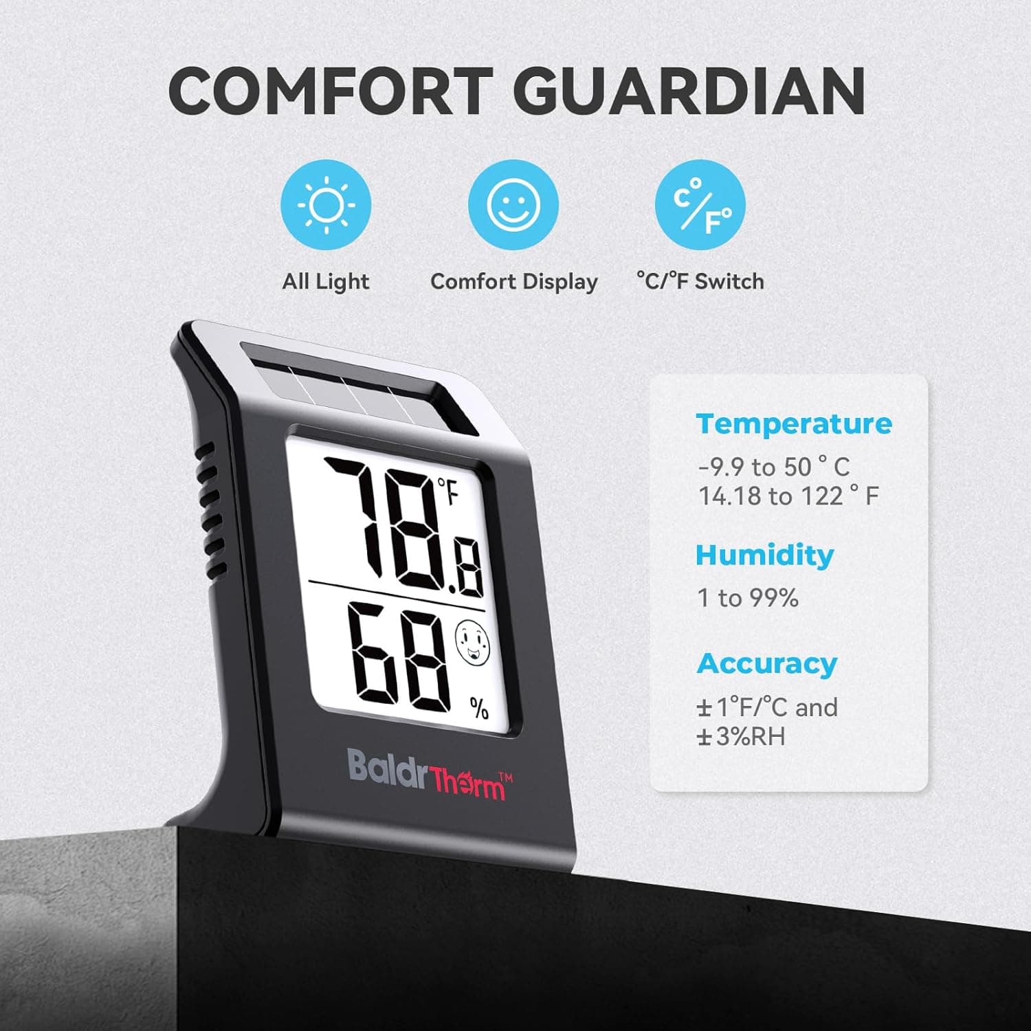 دماسنج و رطوبتسنج خورشیدی مدل BaldrTherm (Solar‑Powered Indoor Thermometer & Hygrometer, 2.2 inch, Black) — تصویر ۵